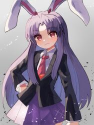  1girl animal_ears black_jacket blazer closed_jacket closed_mouth collared_shirt commentary_request cowboy_shot grey_background hand_on_own_hip highres jacket long_hair long_sleeves looking_at_viewer lop_rabbit_ears necktie pleated_skirt plus2sf pocket purple_hair purple_skirt rabbit_ears rabbit_girl red_eyes red_necktie reisen_udongein_inaba shirt sidelocks skirt touhou very_long_hair white_shirt 