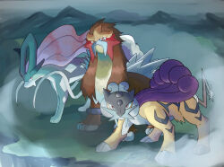  ashita_mo claws creatures_(company) entei fangs from_side full_body game_freak gen_2_pokemon highres legendary_pokemon nintendo no_humans outdoors pink_background pokemon pokemon_(creature) raikou red_eyes shaded_face standing suicune tusks 