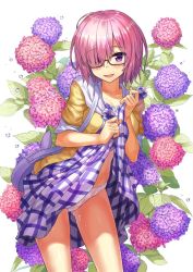 1girl blush breasts brown_jacket checkered_clothes checkered_dress collarbone dress fate/grand_order fate_(series) flower glasses hair_over_one_eye highres hydrangea jacket looking_at_viewer mash_kyrielight mash_kyrielight_(senpai_killer_outfit) medium_breasts official_alternate_costume open_clothes open_dress panties parted_lips pepperjoe300 pink_hair purple_eyes sailor_collar short_hair short_sleeves skindentation smile solo standing suggestive_fluid underwear white_background white_panties rating:Questionable score:7 user:danbooru