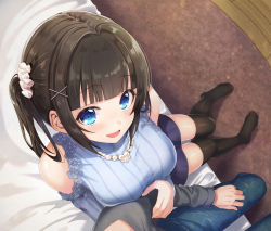 1boy 1girl azuki_yui bare_shoulders black_skirt black_thighhighs blue_eyes blush breasts brown_hair commentary_request from_above hair_ornament large_breasts on_bed original sitting skirt thighhighs two_side_up x_hair_ornament rating:Sensitive score:21 user:danbooru