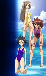  3girls aika_(series) aika_zero ass bare_legs bare_shoulders barefoot black_hair blonde_hair blue_eyes blue_sky blue_one-piece_swimsuit breasts cleavage closed_mouth collarbone covered_navel day earrings full_body gluteal_fold green_eyes highres jewelry kneeling kneepits leaning_forward legs looking_at_viewer looking_back manami_(aika_zero) medium_breasts medium_hair misumi_(aika) misumi_(aika_zero) multiple_girls ocean one-piece_swimsuit red_hair reiko_(aika_zero) screencap short_hair side_ponytail sky smile standing stitched swimsuit thighs third-party_edit water wristband yamauchi_noriyasu 