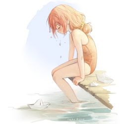  1girl arched_back child closed_eyes closed_mouth everlasting_summer fairyapple from_side highres long_bangs one-piece_swimsuit orange_one-piece_swimsuit outdoors sitting smile solo swimsuit tagme ussr-tan water water_drop  rating:Sensitive score:22 user:danbooru