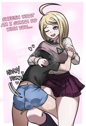 1boy 1girl ahoge akamatsu_kaede assertive_female black_hair black_shirt black_socks blonde_hair blush border breasts danganronpa_(series) eighth_note english_text face face_to_breasts faceless faceless_male fortissimo hair_ornament hairclip heart hetero highres holding_hands kneehighs knees_up looking_down mosbles motion_lines musical_note musical_note_hair_ornament musical_staff musical_staff_print open_mouth outside_border pink_background pleated_skirt purple_eyes purple_skirt shirt shirt_tucked_in short_guy shorts simple_background skirt smile socks sound_effects sweat sweater sweater_vest talking tall_female taller_female testicles thigh_straddling thighs v-neck vest white_border  rating:Explicit score:262 user:xtasy