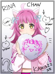  &gt;_&lt; 1girl :o ahoge animal_ears black_border blunt_bangs border character_name commentary_request doodle_background english_text fake_animal_ears hair_ribbon hands_up heart highres holding holding_heart jacket looking_at_viewer love_live! love_live!_nijigasaki_high_school_idol_club medium_hair notice_lines parted_lips pink_hair pink_jacket ribbon ric._(marchen_mozuku) romaji_text shirt signature solo tennoji_rina twitter_username upper_body white_shirt yellow_eyes 