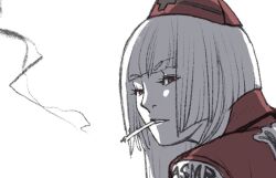  1girl adapted_costume blunt_bangs cigarette coat commentary_request cropped delinquent hat indie_virtual_youtuber long_hair looking_at_viewer looking_back mouth_hold nurse_cap parted_lips partially_colored portrait red_coat red_eyes red_hat robota_robotnika rokudou_mei simple_background smoke_trail smoking solo tokkoufuku white_background 