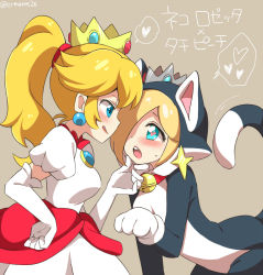 2girls animal_costume animal_ears animal_hands blonde_hair blue_eyes blush cat_ears cat_rosalina crown dress elbow_gloves eromame fire_peach gloves hair_over_one_eye heart heart-shaped_pupils licking_lips long_hair mario_(series) multiple_girls nintendo paw_gloves ponytail princess_peach puffy_short_sleeves puffy_sleeves rosalina short_sleeves super_mario_3d_world super_mario_galaxy symbol-shaped_pupils tail tongue tongue_out translation_request white_dress white_gloves yuri rating:Sensitive score:108 user:danbooru