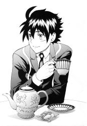  1boy absurdres akashi_eight cookie cup food highres holding holding_cup kimi_wa_008 looking_to_the_side matsuena_shun monochrome official_art scan scar school_uniform short_hair smile teacup teapot  rating:Sensitive score:0 user:pisukeXVII