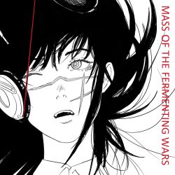  1girl @_@ absurdres album_cover_redraw black_hair chainsaw_man derivative_work fourth_east_high_school_uniform headphones highres long_hair mass_of_the_fermenting_dregs_(band) monochrome one_eye_closed open_mouth portrait ringed_eyes scar xyanaid yoru_(chainsaw_man)  rating:General score:9 user:jpaoaknw