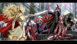  4girls alien android arm_guards armor army black_hair blonde_hair breastplate cape catra_(princess_of_power) claws emblem epic fantasy fortress highres holding holding_sword holding_weapon hordak_(princess_of_power) horde_trooper leech leech_(she-ra) letterboxed long_hair mantenna masters_of_the_universe monster multiple_boys multiple_girls muscular realistic red_eyes redesign robot science_fiction scorpia_(princess_of_power) shadow_weaver_(princess_of_power) she-ra_(character)_(princess_of_power) she-ra_princess_of_power skirt soldier staff standing stjepan_sejic sword tail weapon 