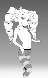 1girl arm_support bare_shoulders beatrice_(re:zero) blue_eyes crown drill_hair expressionless feet_out_of_frame flat_chest gradient_background greyscale hair_ribbon hand_on_own_hip highres loli long_hair looking_at_viewer mini_crown monochrome navel nude pantyhose re:zero_kara_hajimeru_isekai_seikatsu ribbon sidelocks solo spirit spot_color striped_clothes striped_pantyhose symbol-shaped_pupils telolista terorisuta topless twin_drills  rating:Questionable score:273 user:danbooru