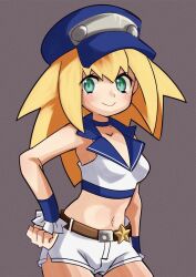  1girl belt blonde_hair blue_choker blue_hat bracelet breasts cabbie_hat choker collared_shirt commentary_request cowboy_shot crop_top green_eyes hand_on_own_hip hat highres idol jewelry looking_at_viewer medium_breasts mega_man_(series) mega_man_legends mega_man_legends_(series) midriff navel official_alternate_costume puddinghomhom roll_caskett_(mega_man) shirt shorts simple_background smile solo star_(symbol) white_shorts 