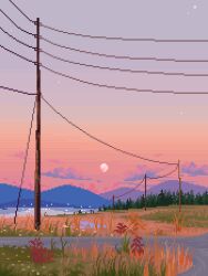  cable cloud commentary english_commentary evening gradient_sky grass horizon jubilee_(8pxl) mountain mountainous_horizon no_humans original outdoors pixel_art river scenery sky sunset tree utility_pole water 