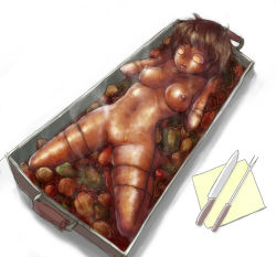  1girl breasts breasts_apart cannibalism carrot cyp_tw dutch_angle empty_eyes food gravy guro gynophagia highres knife kulu_(ku-lu) medium_breasts nude object_insertion original pussy roasted simple_background solo steam tray vaginal vaginal_object_insertion vegetable white_background  rating:Explicit score:71 user:gozgorg