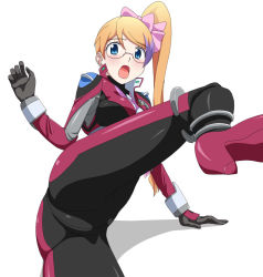 1girl aquarion_(series) aquarion_evol blonde_hair blue_eyes blush bodysuit bow breasts glasses hair_bow long_hair looking_at_viewer medium_breasts mix_(aquarion) multicolored_hair open_mouth ponytail purple_hair side_ponytail simple_background solo two-tone_hair white_background yoshida_keiji 