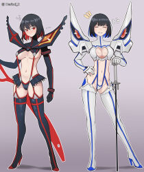  1girl absurdres black_survival blue_hair blush breasts cel_da_lin cleavage clenched_hand colored_inner_hair cosplay eternal_return:_black_survival facing_viewer full_body gloves grey_background grin groin highres junketsu kill_la_kill kiryuuin_satsuki kiryuuin_satsuki_(cosplay) looking_at_viewer matoi_ryuuko matoi_ryuuko_(cosplay) medium_breasts multicolored_hair multiple_views navel outline red_eyes red_hair revealing_clothes scissor_blade_(kill_la_kill) senketsu skirt smile standing stomach suspenders sword teeth weapon white_outline 