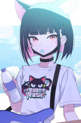  1girl absurdres animal_ears bass_guitar black_collar black_hair black_mask blue_archive blue_hair bottle cat_ears cloud collar colored_inner_hair commentary_request earclip earrings extra_ears halo highres holding holding_bottle instrument jewelry kazusa_(band)_(blue_archive) kazusa_(blue_archive) looking_at_viewer mask mask_around_neck mouth_hold mouth_mask multicolored_hair official_alternate_costume pink_eyes pink_hair pink_halo plectrum_in_mouth shirt short_hair short_sleeves solo stud_earrings suke_(suke_oekaki) sweat upper_body water_bottle white_shirt 