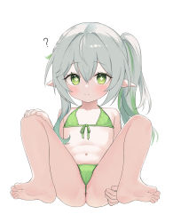  1girl ? aak absurdres bare_arms bare_legs bare_shoulders barefoot bikini blush closed_mouth collarbone elf feet female_focus flat_chest front-tie_top full_body genshin_impact green_bikini green_eyes green_hair hair_between_eyes highres loli long_hair looking_at_viewer nahida_(genshin_impact) navel pointy_ears simple_background sitting smile soles solo spoken_question_mark swimsuit toes twintails white_background  rating:Questionable score:237 user:danbooru