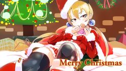  1girl alisa_southerncross blonde_hair blush boots breasts brick_wall capelet christmas_tree christmas_wreath detached_sleeves earrings english_text foreshortening fur_trim gift hair_between_eyes head_tilt highres holding holding_gift indoors jewelry keroro_gunsou knee_boots looking_at_viewer lying merry_christmas on_back red_footwear red_shorts santa_costume short_shorts shorts sinzan small_breasts smile solo stud_earrings thighhighs wreath  rating:Sensitive score:1 user:danbooru