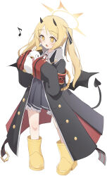  1girl absurdres black_coat black_dress black_horns black_tail black_wings blonde_hair blue_archive blush boots coat collared_shirt demon_horns demon_tail demon_wings dress fang full_body halo highres horns ibuki_(blue_archive) long_hair open_clothes open_coat open_mouth peroro_(blue_archive) rubber_boots shirt simple_background skin_fang sleeves_past_fingers sleeves_past_wrists solo tail twintails utyuueituu white_background white_shirt wings yellow_eyes yellow_footwear yellow_halo 