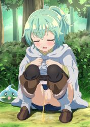 1girl 1other :d ass black_pantyhose bloomers bloomers_pull boots brown_footwear bush censored clenched_hands closed_eyes clothes_pull coat commentary_request dbmaster forest full_body green_hair high_ponytail highres holding holding_clothes holding_coat hood hooded_coat ivy_(saijaku_tamer) loli mosaic_censoring nature open_mouth outdoors paid_reward_available pantyhose pee peeing puddle pussy saijaku_tamer_wa_gomi_hiroi_no_tabi_wo_hajimemashita short_hair smile sora_(saijaku_tamer) squatting thighs tree underwear underwear_pull variant_set white_bloomers white_coat white_footwear rating:Explicit score:47 user:danbooru