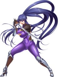 00s 1girl akiyama_rinko aoi_nagisa_(metalder) blue_hair bodysuit boots breasts curvy fighting_stance full_body game_cg high_ponytail highres huge_breasts katana legs_apart lilith-soft long_hair looking_at_viewer open_mouth peliazulyp purple_eyes simple_background solo sword taimanin_(series) taimanin_asagi taimanin_yukikaze taimanin_yukikaze_2 underboob very_long_hair weapon rating:Questionable score:21 user:deltaonix