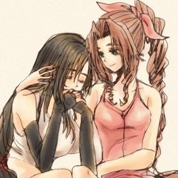 2girls aerith_gainsborough arm_around_neck bare_arms black_gloves black_hair braid braided_ponytail breasts brown_hair cleavage closed_eyes comforting crying curly_hair dress earrings elbow_gloves final_fantasy final_fantasy_vii fingerless_gloves gloves green_eyes hair_between_eyes hair_ribbon hand_on_another&#039;s_head head_on_hand jacket unworn_jacket jewelry large_breasts long_hair looking_at_another low-tied_long_hair medium_breasts multiple_girls own_hands_together parted_bangs pink_dress ribbon shirt sidelocks sitting sleeveless sleeveless_dress sleeveless_shirt smile square_enix tifa_lockhart upper_body white_shirt yadoso 
