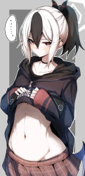 ... 1girl absurdres black_hair black_jacket blue_archive clothes_lift collarbone ear_piercing female_focus gin_moku grey_background hair_between_eyes highres hood hoodie hoodie_lift horns jacket kayoko_(blue_archive) looking_at_viewer low_wings midriff multicolored_hair navel pale_skin piercing plaid plaid_skirt pleated_skirt scowl shirt_lift simple_background skirt solo stomach striped_horns white_hair wide_hips wings  rating:Sensitive score:54 user:a-human