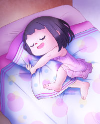  1girl alcyone_(cyclone_gx) artist_name bare_arms bare_shoulders barefoot bed_frame child animal_crossing dress closed_eyes feet highres lying nintendo on_bed on_side open_mouth pillow sleeping soles solo toes villager_(animal_crossing)  rating:Sensitive score:9 user:Domestic_Importer