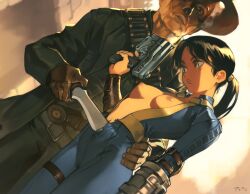  1boy 1girl artist_name black_coat black_hair blue_jumpsuit breasts brown_gloves coat cooper_howard cowboy_hat day fallout_(prime_video) fallout_(series) gloves gun hat highres holding holding_gun holding_knife holding_weapon jumpsuit knife looking_at_viewer lucy_maclean medium_breasts nipples no_bra open_clothes open_coat optionaltypo outdoors ponytail sunlight teeth torn_clothes torn_jumpsuit weapon 