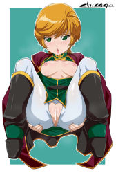  1girl blonde_hair blush breasts breasts_out censored chicago-x green_eyes gundam gundam_unicorn looking_at_viewer medium_breasts mineva_lao_zabi nipples open_mouth pussy short_hair solo spread_legs  rating:Explicit score:30 user:trooper