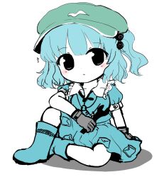 1girl blue_footwear blue_hair boots flat_cap frilled_shirt_collar frills green_hat hat highres kawashiro_nitori key light_blush looking_at_viewer notice_lines partially_colored pocket rei_(tonbo0430) rubber_boots short_hair short_sleeves skirt skirt_set solo tagme touhou white_background wrench