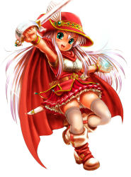 1girl :d aqua_eyes belt blush boots bracelet cape final_fantasy final_fantasy_iii full_body hat holding holding_sword holding_weapon jewelry long_hair looking_at_viewer magic moriichi open_mouth panties pantyshot rapier red_cape red_hat red_mage_(final_fantasy) red_skirt sheath skirt smile standing sword underwear weapon white_hair white_legwear winged_hat