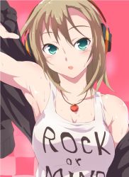 10s 1girl arm_up armpits bad_id bad_pixiv_id bare_shoulders blush breasts brown_hair clothes_writing green_eyes headphones idolmaster idolmaster_cinderella_girls jewelry necklace open_mouth rei_oe short_hair solo sweat tada_riina tank_top rating:Sensitive score:38 user:danbooru