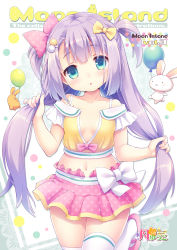 1girl :o aqua_eyes balloon bare_shoulders blush bow breasts bunching_hair collarbone commentary_request crop_top hair_bow head_tilt holding holding_own_hair looking_at_viewer low_twintails midriff navel no_bra off-shoulder_shirt off_shoulder one_side_up original parted_lips pink_bow pink_footwear pink_skirt polka_dot polka_dot_bow polka_dot_skirt purple_hair rabbit shirt shoes sideboob skirt small_breasts solo standing standing_on_one_leg thighhighs tsukishima_yuuko twintails white_bow white_thighhighs yellow_bow yellow_shirt