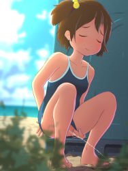 1girl barefoot beach blue_one-piece_swimsuit blush breasts brown_hair closed_eyes clothing_aside cloud collarbone grass hair_bobbles hair_ornament highres kusashige loli long_hair ocean one-piece_swimsuit peeing puddle sand sky small_breasts squatting swimsuit swimsuit_aside twintails water rating:Explicit score:106 user:cpee