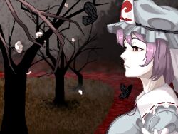  1girl bare_tree blue_hat breasts bug butterfly closed_mouth commentary english_commentary flower from_side hat highres insect large_breasts mob_cap pink_hair pixel_art red_eyes saigyouji_yuyuko short_hair solo touhou tree triangular_headpiece upper_body vexkaf white_flower 