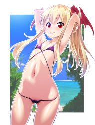  1girl armpits bikini blonde_hair breasts cameltoe covered_erect_nipples fang gluteal_fold granblue_fantasy head_wings long_hair looking_at_viewer micro_bikini navel red_eyes small_breasts solo swimsuit tomomimi_shimon vampy wings 