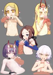  5girls absurdres arm_tattoo bar_censor blonde_hair blue_eyes blue_gloves blush bob_cut bow breasts brown_hair censored collarbone cum cum_in_mouth cum_on_body cum_on_hair cum_on_tongue earrings ejaculation elbow_gloves erection eyebrows eyelashes facial facial_mark facial_scar fate/apocrypha fate/grand_order fate_(series) fellatio fingernails flat_chest forehead_mark foreskin foreskin_pull gloves green_eyes grey_background groin hair_bow hair_ornament half-closed_eyes handjob heart heart-shaped_pupils hetero highres horns ibaraki_douji_(fate) jack_the_ripper_(fate/apocrypha) jewelry kunabishi leonardo_da_vinci_(fate) leonardo_da_vinci_(fate/grand_order) leonardo_da_vinci_(rider)_(fate) licking_lips loli long_hair multiple_girls navel nipples one_eye_closed oni open_mouth oral parted_bangs paul_bunyan_(fate) penis pointy_ears ponytail purple_eyes purple_hair scar scar_across_eye scar_on_cheek scar_on_face sharp_fingernails short_hair shoulder_tattoo shuten_douji_(fate) sidelocks silver_hair simple_background skin-covered_horns small_breasts sweat symbol-shaped_pupils tattoo teeth tongue tongue_out tribal_tattoo two-handed_handjob upper_body veins veiny_penis yellow_eyes  rating:Explicit score:243 user:danbooru