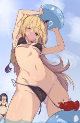  2girls ? armpits arms_up assisted_exposure bare_arms bare_shoulders bikini black_bikini blonde_hair breasts blowing_bubbles cameltoe chewing_gum cleft_of_venus crab fischl_(genshin_impact) from_below genshin_impact gluteal_fold green_eyes groin highres kkry99 long_hair looking_at_viewer medium_breasts mona_(genshin_impact) multiple_girls navel pulling side-tie_bikini_bottom slime_(genshin_impact) solo_focus standing stomach string_bikini swimsuit thighs two_side_up untied_bikini very_long_hair  rating:Questionable score:248 user:danbooru