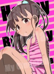  1girl bare_shoulders black_eyes black_hair blush collarbone dot_nose dress flat_chest fukuyama_mai hair_bobbles hair_ornament happy_birthday idolmaster idolmaster_cinderella_girls idolmaster_cinderella_girls_starlight_stage knees_up long_hair looking_at_viewer nishino_hikoji parted_lips pink_background pink_dress ponytail sitting sleeveless sleeveless_dress solo striped_background striped_clothes striped_dress 