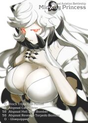  1girl abyssal_ship black_dress breasts character_name cleavage colored_skin dress english_text highres horns kantai_collection large_breasts long_hair looking_at_viewer midway_princess oso_(toolate) parted_lips red_eyes simple_background solo upper_body very_long_hair white_background white_dress white_hair white_skin 
