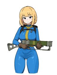  1girl backpack bag blonde_hair blue_bodysuit blue_eyes blue_jumpsuit bob_cut bodysuit breasts brown_gloves closed_mouth cocktiel77 cropped_legs curvy fallout_(series) fallout_4 gloves gun high_collar holding holding_gun holding_weapon jumpsuit large_breasts light_blush looking_at_viewer medium_hair simple_background smile solo straight-on vault_girl vault_suit weapon white_background 