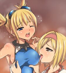  2girls bare_shoulders blonde_hair blue_eyes blush breasts brown_background brown_eyes commentary_request covered_erect_nipples djeeta_(granblue_fantasy) fang flying_teardrops goggles goggles_on_head grabbing grabbing_another&#039;s_breast gradient_background granblue_fantasy hairband kazetuki large_breasts licking licking_nipple multiple_girls nipple_stimulation nipple_tweak nipple_tweak_through_clothes one_eye_closed open_mouth pengy_(granblue_fantasy) red_hairband saliva shiny_skin short_hair short_twintails sideboob simple_background steam sweat tears third-party_source tongue tongue_out twintails upper_body yuri 