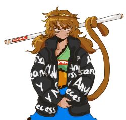  1girl brown_hair coat down_jacket drip_(meme) highres holding holding_with_tail jacket meme mercuriika monkey_tail prehensile_tail print_coat simple_background solo son_biten supreme_(brand) tail the_north_face touhou twintails upper_body white_background 