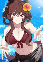  1girl absurdres alternate_costume animal_ears blush breasts brown_hair cleavage closed_mouth collarbone commentary_request commission ekazawa_sdvx gentildonna_(umamusume) hair_between_eyes hair_ornament hair_rings highres horse_ears horse_girl horse_tail large_breasts lens_flare looking_at_viewer navel ocean pixiv_commission reaching reaching_towards_viewer red_eyes sky smile solo swimsuit tail umamusume water 