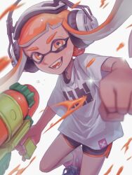  1girl absurdres artist_name black_footwear blunt_bangs clenched_hand colored_tongue commentary_request cross-laced_footwear dolphin_shorts fangs floating_hair headphones highres holding holding_weapon incoming_fist_bump inkling inkling_girl inkling_player_character long_hair looking_at_viewer nintendo open_mouth orange_eyes orange_hair orange_tongue orange_trim paint_splatter pink_footwear print_shirt reaching reaching_towards_viewer rk_splaworks shirt shoes short_sleeves shorts sneakers solo sparkle splatoon_(series) splatoon_1 splattershot_(splatoon) standing standing_on_one_leg sweat tentacle_hair thick_eyebrows twintails watermark weapon white_background white_shirt 