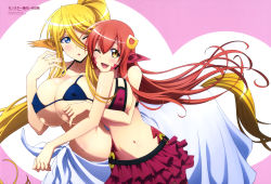  10s 2girls ;d absurdres animal_ears blonde_hair blue_eyes blush breasts brown_eyes centaur centorea_shianus cleavage covered_erect_nipples fang highres horse_ears huge_breasts lamia long_hair miia_(monster_musume) monster_girl monster_musume_no_iru_nichijou multiple_girls navel non-web_source official_art one_eye_closed open_mouth pointy_ears red_hair saitou_chie scales simple_background smile suzuki_yasuyuki taur underboob  rating:Questionable score:82 user:spiderfan