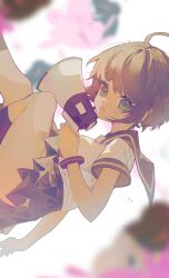  1girl ahoge black_skirt black_socks blood blurry blurry_background bracelet brown_hair cangshu_cao chinese_commentary commentary_request danganronpa_(series) danganronpa_another_episode:_ultra_despair_girls feet_out_of_frame from_side green_eyes highres holding holding_megaphone jewelry legs_up looking_at_viewer megaphone monokuma naegi_komaru parted_lips pink_blood pleated_skirt shirt short_hair short_sleeves skirt socks solo sweatdrop white_shirt  rating:Sensitive score:3 user:danbooru