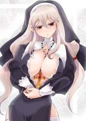  1girl areola_slip between_breasts blonde_hair breasts cleavage cleavage_cutout clothing_cutout collarbone covered_erect_nipples cross cross_necklace curvy eyebrows female_focus habit hair_between_eyes hair_ornament hair_tie hip_focus jewelry kazu_tanuki large_breasts long_hair low_twintails necklace no_bra nun open_mouth original red_eyes solo thighhighs twintails white_thighhighs wide_hips  rating:Questionable score:46 user:BlueBaroness