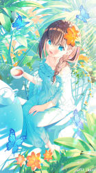 1girl blue_butterfly blue_dress blue_eyes blush braid breasts brown_hair bug butterfly collarbone commentary cup dappled_sunlight dress flower frilled_dress frills full_body garden hair_between_eyes hair_flower hair_ornament hair_over_breasts hair_over_eyes hair_over_shoulder highres holding holding_cup ikari_(aor3507) insect leaf light_particles long_sleeves looking_at_viewer medium_breasts no_socks on_chair open_mouth original outdoors plant shadow shoes sitting smile solo strapless strapless_dress sunlight table teacup teapot rating:Sensitive score:2 user:danbooru